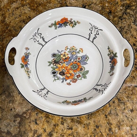 Celebrate Serving Bowl German Multicolor Flowers Side Handles Stamped 8.25" - Picture 4 of 10